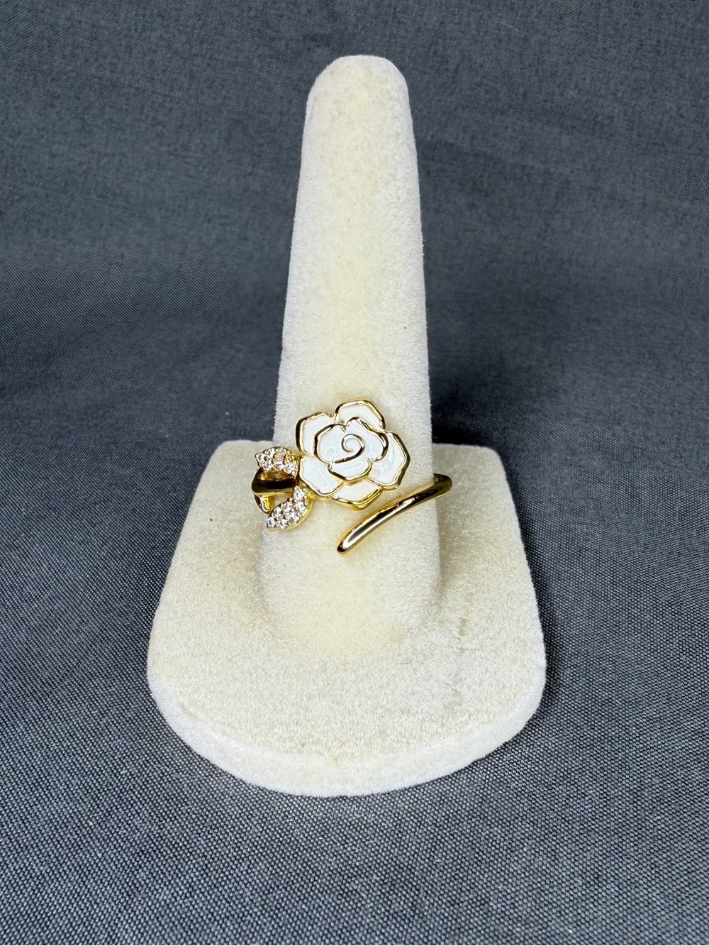 White Enamel Rose Wrap Ring Gold Tone CZ Floral Adjustable Statement Ring - Picture 3 of 6